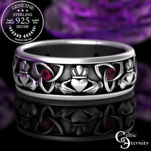 Anillo de corona de rubí Claddagh, anillo de plata de ley para hombre Claddagh, alianza de boda Claddagh para novio, anillo de corazón irlandés, anillo de boda con corona de rubí, 3079