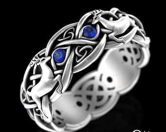 Sapphire Deer Ring, Womens Sterling Stag Wedding Ring, Irish Antler Wedding Band, Silver Celtic Forest Theme Ring, Stag Wedding Ring, 3128