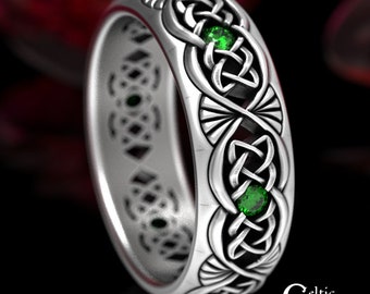 Mens Emerald & Silver Ring, Celtic Wedding Band, Sterling Silver Wedding Band, Mens Celtic Ring, Silver Mens Ring, Mens Wedding Band, 1579