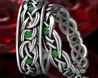 Matching Celtic Ring Set, Sterling Emerald Wedding Bands, Emerald Celtic Wedding Rings, Matching Wedding Rings, Silver Irish Rings 1899 1900