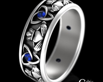 Mens Sterling Claddagh Ring, Sapphire Claddagh Wedding Band, Silver Irish Heart Crown Ring, Sapphire Crown Wedding Ring, Handfast Ring, 3079