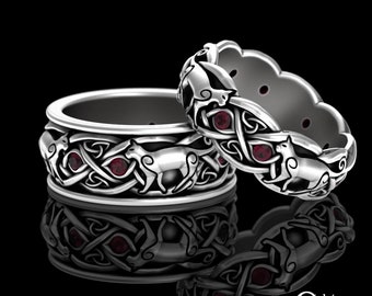 His Hers Ruby Cat Ring Set, Sterling Kitty Wedding Band Set, Celtic Cat Lover Rings, Ruby Irish Kitten Matching Wedding Rings, 3097 3099