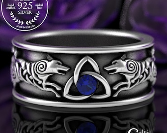 Blue Sapphire Wolf Ring, Sterling Wolf Celtic Ring, Running Wolves Wedding Band, Sapphire Viking Mens Ring, Silver Norse Knotwork Ring, 3103