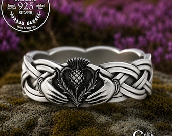 Woman's Sterling Thistle Flower & Celtic Claddagh Wedding Ring, Silver Scottish Heritage Jewelry, Irish Anniversary, 3360