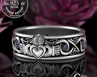 Sterling Silver & Alexandrite Irish Claddagh Band, Gaelic Sacred Union Wedding Band, Mens Celtic Friendship Love and Loyalty Ring, 3218