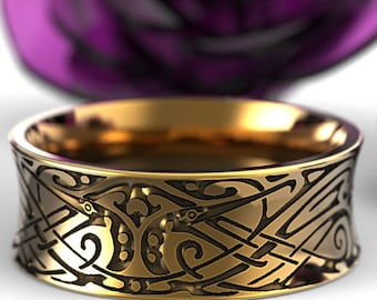 Gold Engraved Norse Ring, Bird Wedding Ring, Wide Viking Band, Mens Viking Ring, Crane Ring, Gold Bird Ring, Tribal Mens Ring, 1784