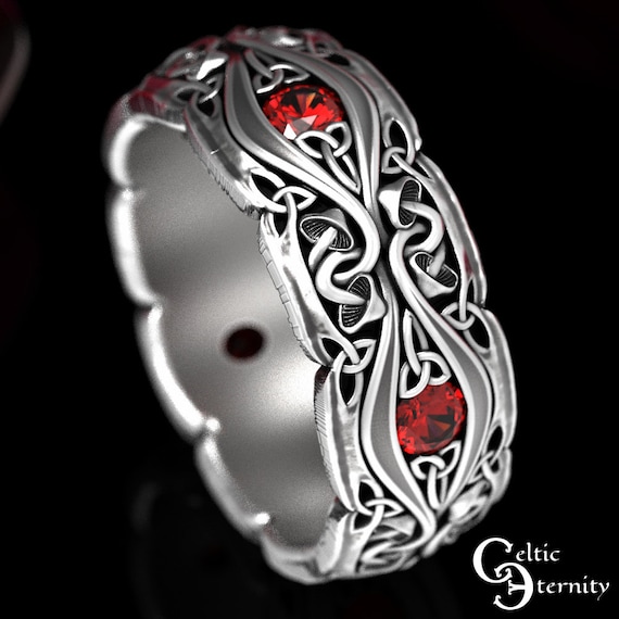 Ruby & Sterling Silver Ring, Mens Celtic Mushroom Ring, Wide Celtic Mens Wedding Band, Mens Silver Wedding Ring, Mushroom Ring, 1535