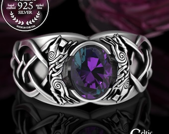 Mens Wolf Engagement Ring, Alexandrite & Sterling Wolves Statement Ring, Silver Groom Viking Wolf Ring, Heavy Norse Wedding Ring, 3217
