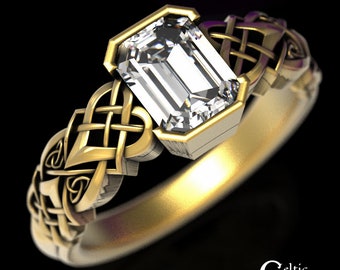 Moissanite Gold Engagement Ring, Moissanite Emerald Cut Ring, White Gold Rectangle Engagement, Womens Gold Celtic Engagement Ring, 1657