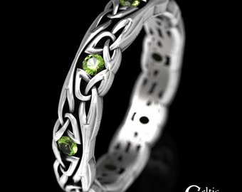 Narrow Peridot Wedding Ring, Sterling Celtic Wedding Band, Peridot Womens Ring, Celtic Knotwork Ring, Delicate Wedding Ring, Thin Ring, 1467