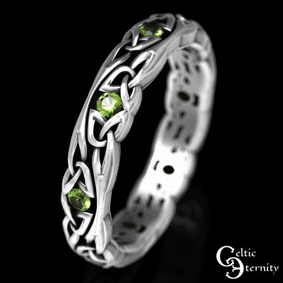 Narrow Peridot Wedding Ring, Sterling Celtic Wedding Band, Peridot Womens Ring, Celtic Knotwork Ring, Delicate Wedding Ring, Thin Ring, 1467