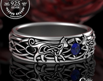 Sapphire Tom Cat Ring, Sterling Groom Cats Marriage Ring, Silver Life Partner Ring, Irish Kitty Cat Wedding Band, Meow Irish Knotwork, 3257