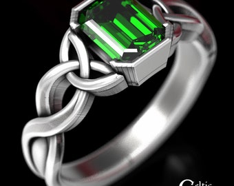 Celtic Emerald Silver Ring, Emerald Cut Engagement Ring, Sterling Silver Celtic Ring, Celtic Engagement Ring, Emerald Wedding Solitaire, 401