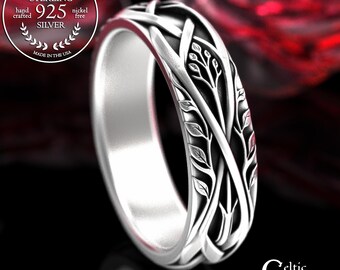 Sterling Irish Bride Forest Ring, Woman's Tree of Life Wedding Band, Silver Celtic Botanical Ring, Leaves & Woven Branches Jewelry, 2130