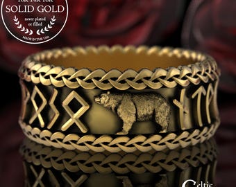 Gold Men's Bear Runic Ring, 14K White Gold Elder Futhark Rune Wedding Band, Platinum Viking Tribal Band, 18K Berserker Warrior Jewelry, 3295