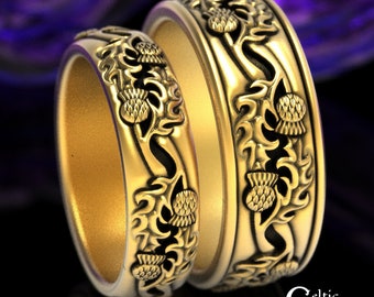 10K Matching Thistle Rings, Gold Scottish Wedding Ring Set, Gold Scottish Thistle Rings, Gold Wedding Ring Set, His Hers Rings, 1934 1778