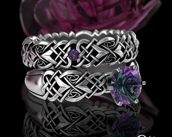 White Gold & Alexandrite Engagement Ring Set, Sterling Celtic Bridal Ring Set, Matching Alexandrite Solitaire Wedding Ring Set, 4014 4017