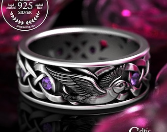 Sterling Men's Amethyst Puffin Ring, Silver Celtic Wedding Band, Marine Sea Bird Animal Jewelry, 2125