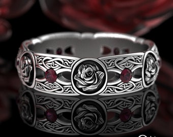 Womens Ruby Celtic Rose Wedding Ring, Sterling Irish Rose Wedding Ring, Silver Rose Flower Ring, Botanical Ruby Irish Wedding Band, 3046