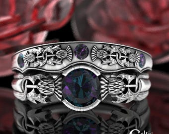 Alexandrite Woman Scottish Thistle Ring Set, Sterling Celtic Blossom Thistle Wedding Set, Silver Color Change Engagement Ring Set, 1774 1775