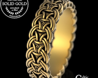 14K Gold Norse Shield & Trinity Wedding Band, 18K White Gold Linked Chain Ring, Platinum Interlocking Viking Medieval Chainmail Design, 3304