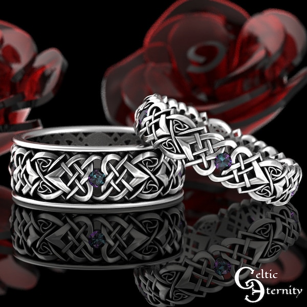 Matching Alexandrite Wedding Set, Sterling Silver Alexandrite Celtic Rings, Alexandrite Ring Set, His Hers Alexandrite Rings, 1361 4003
