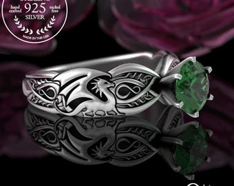 Emerald Mother of Dragons Wedding Ring, Viking Dragon Engagement, Womens 1 Carat Wyvern Bridal Ring, Silver Irish Dragon Wedding Ring, 3185
