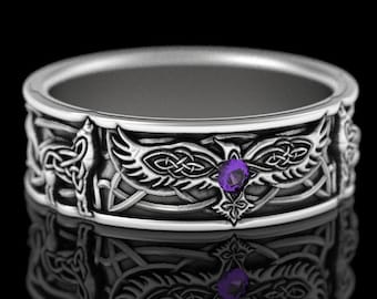 Gold/White Gold Viking Wedding Ring, Amethyst Raven & Wolf Wedding Band, White Gold Mens Wedding Band, Platinum Viking Wolf Ring, 1698