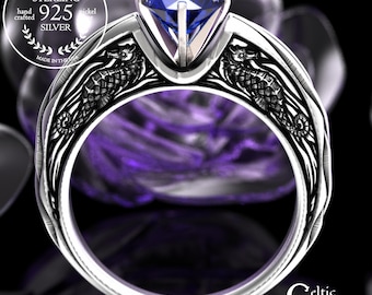 Sterling Seahorse Engagement Ring, Silver & Sapphire Prong Head Wedding Ring, Ocean Animal Solitaire, 2116