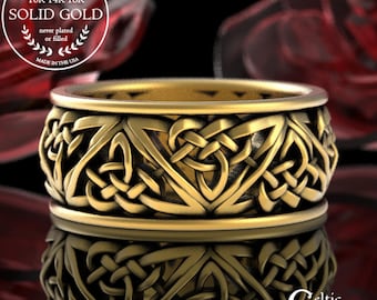 Mens Solid Gold Ring, Celtic Mens Wide Wedding Band, 10K 14K Gold Heart Knot Ring, Mens 10K Celtic Knot Ring, Gold Heart Wedding Ring, 9105