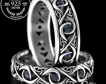 Celtic Alexandrite Wedding Set, His Her Wedding Rings, Sterling Celtic Wedding Ring, Alexandrite Wedding Bands, Alexandrite Rings, 1409 1410