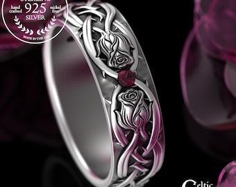 Ruby & Wild Roses Wedding Band, Sterling Rose Bud Ring, Blooming Rose Jewelry, Rose Briar Ring for Woman, 3346