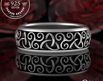 Sterling Triskelion Celtic Ring, Silver Spiral Trinity Knot Wedding Band, Triskele Irish Knotwork Wedding Ring, Ancient Celts Design, 3203