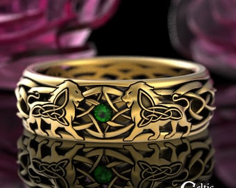 Emerald Gold Lion Ring, 10K Lion Celtic Wedding Ring, 14K Gold Scottish Ring, Emerald Irish Wedding Ring, 18K Lion Ring, Gold Leo Ring, 3047