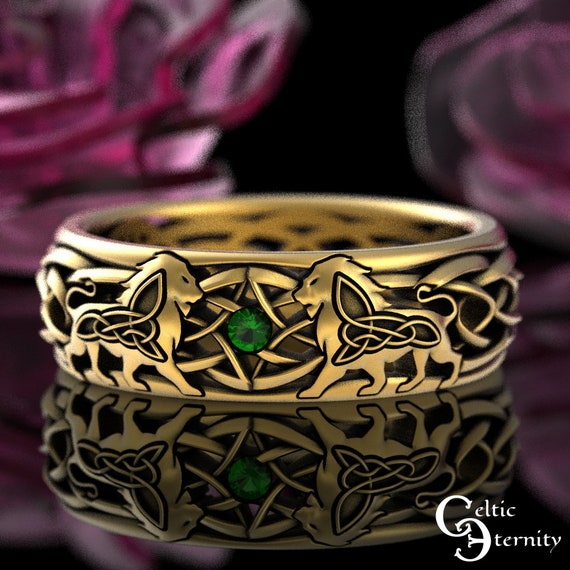 Emerald Gold Lion Ring 10K Lion Celtic Wedding Ring 14K Gold Scottish Ring Emerald Irish Wedding Ring 18K Lion Ring Gold Leo Ring 3047 Etsy