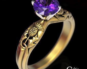 Gold & Amethyst Thistle Engagement Ring, 10K Thistle Ring, Scottish Engagement Ring, Gold Thistle Wedding Ring, Womens Amethyst Ring, 1894