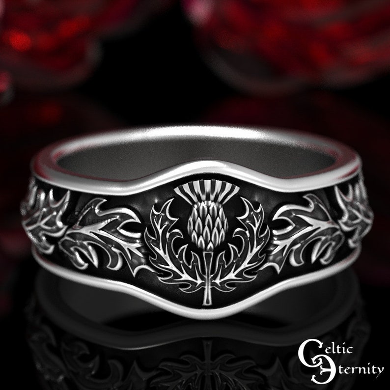 Scottish Thistle Ring, Sterling Silver Thistle Ring, Scottish Wedding Ring, Thistle Flower Ring, Celtic Wedding Band, Men Wedding Ring, 1764 image 2