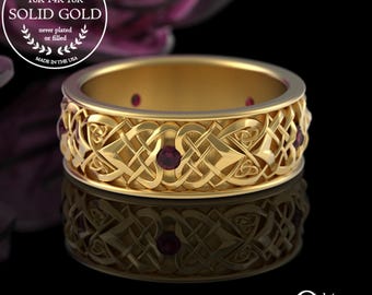 Ruby 10K Ring, Mens Celtic Wedding Band, Ruby Celtic Mens Ring, Gold Ruby Celtic Ring, 14K Celtic Gold Wedding Band, Ruby Knot Ring, 4015