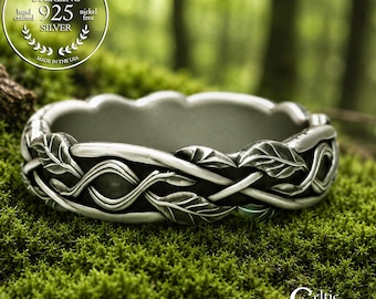 Bride's Elegant Leaf Motif Wedding Band, Sterling Forest Anniversary Ring, Woman's Delicate Marriage Band, Woven Celtic Tree Branches, 2050