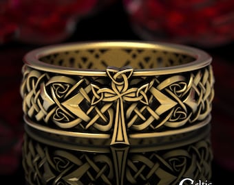 Gold Cross Wedding Band, Irish Cross Ring, Gold Celtic Cross Ring, Men Celtic Cross Wedding Band, 14K Men Wedding Band, 10K Cross Ring, 1859
