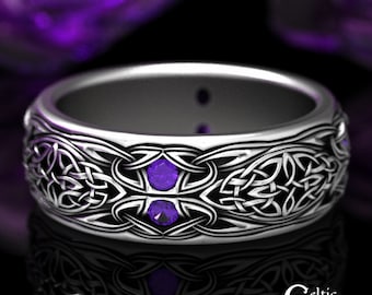 Mens Amethyst Knotwork Ring, Mens Sterling Silver Wedding Band, Amethyst Celtic Wedding Band, Amethyst Trinity Knot Ring, 1804