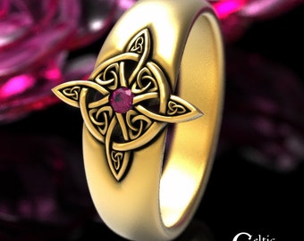 10K Ruby Celtic Ring, 14K Gold Celtic Goddess Ring, 10K Witch Knot Ring, Gold Pagan Ring, Women Celtic Ruby Ring, Gold Goddess Ring, 1921