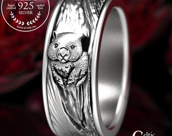 Sterling Silver Wombat Ring, Tree Bark Ring, Wombat Jewelry, Australia Wedding Theme, Wombat Wedding Ring, Silver Marsupial Ring, 5112