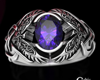 Silver Amethyst Celtic Ring, Sterling Viking Ring, Odin Raven Ring, Mens Viking Ring, Celtic Wedding Band, Silver Bird Ring, Crow Ring, 1477