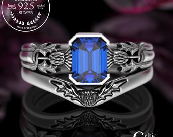 Sterling Irish Thistle Bridal Ring Set, Sapphire Bezel-Set Engagement Stacking Set, Silver Scottish Solitaire & Accent Ring, 3200 3361