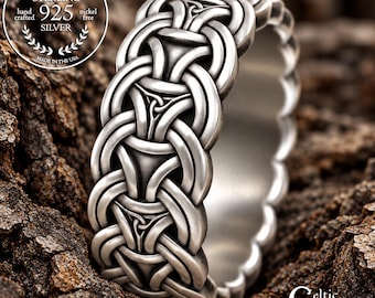 Men's Wide Viking Wedding Band in Sterling Silver, Groom Norse Woven Pattern Ring, Warrior Chainmail Jewelry, Bold Borre Braided Chain, 3305