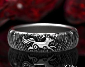 Sterling Fox Ring, Silver Fox Ring, Celtic Fox Ring, Womens Fox Ring, Sterling Silver Fox Wedding Ring, Fox Jewelry, Fox Wedding Band, 1907