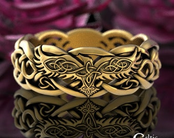 Viking Gold Wedding Ring, 10K Gold Raven Ring, 10K Celtic Raven Ring, Womens Raven Wedding Band, 10K Gold Raven Wedding Ring, 4727