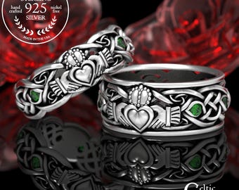 His Hers Sterling Claddagh Ring Set with Emeralds, Modern Claddagh Wedding Ring Set, Celtic Matching Wedding Band, Irish Love Ring 1684 1688