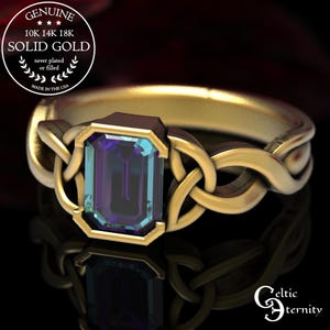 Alexandrite Gold Ring, Emerald Cut Alexandrite Engagement Ring, Gold Celtic Engagement Ring, Alexandrite Platinum Solitaire, 401